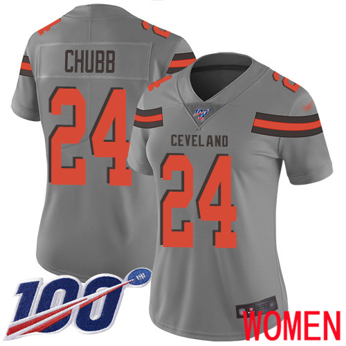 Cleveland Browns Nick Chubb Women Gray Limited Jersey #24 NFL Football 100th Season Inverted Legend
